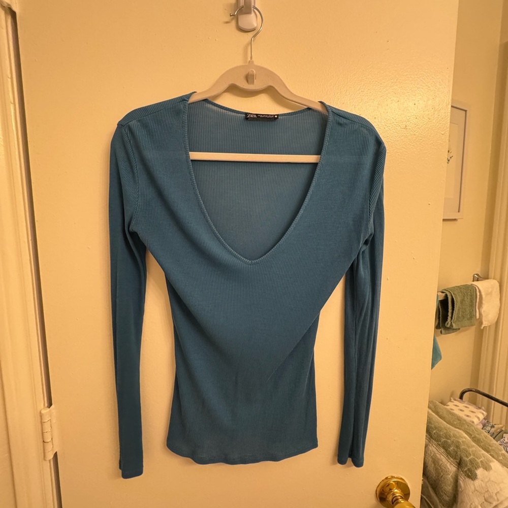 Zara Blue V-Neck Long Sleeve Top